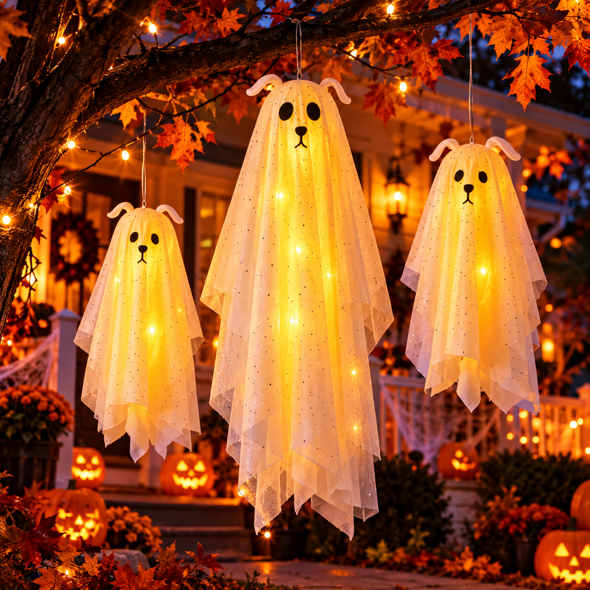Nestora™ Glowing Ghost Trio – 3-Pack Halloween Hanging Decor