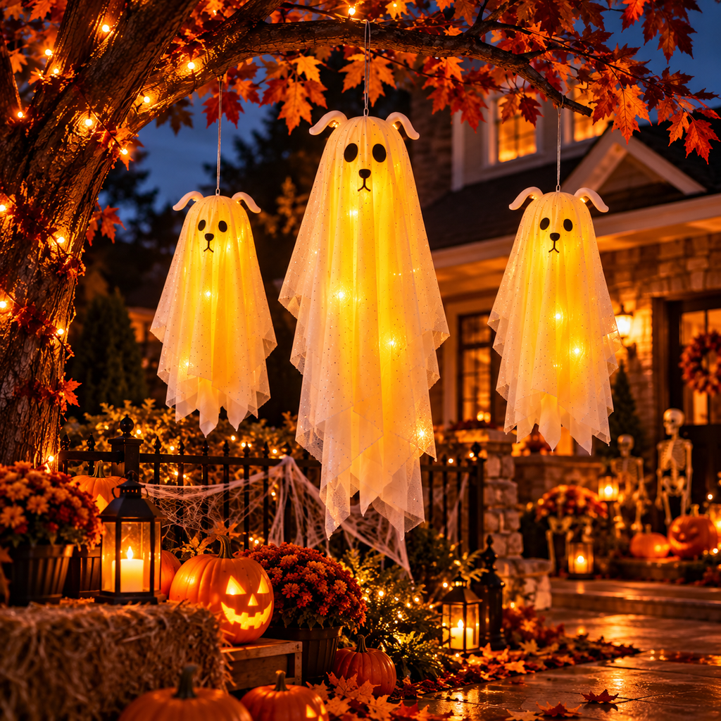 Nestora™ Glowing Ghost Trio – 3-Pack Halloween Hanging Decor